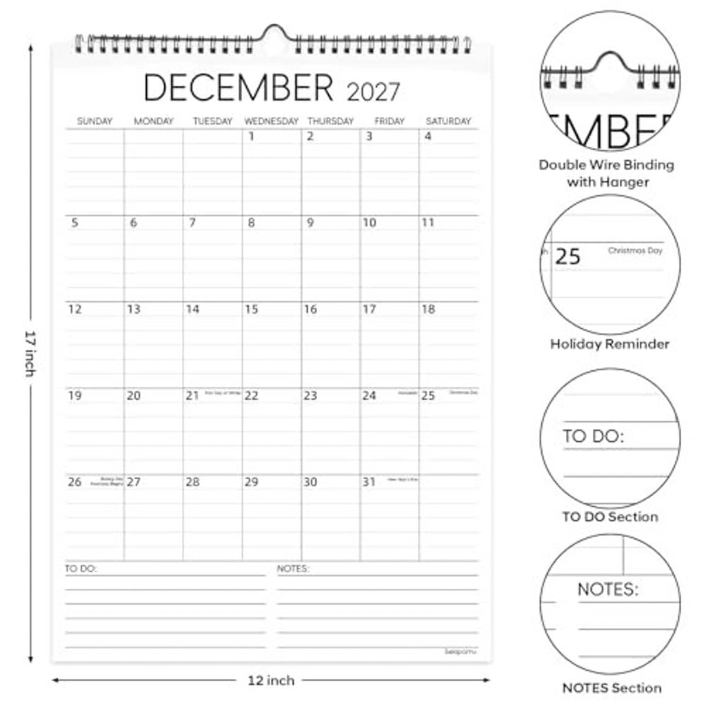 December 2027 wall calendar with double wire binding, holiday reminder and notes