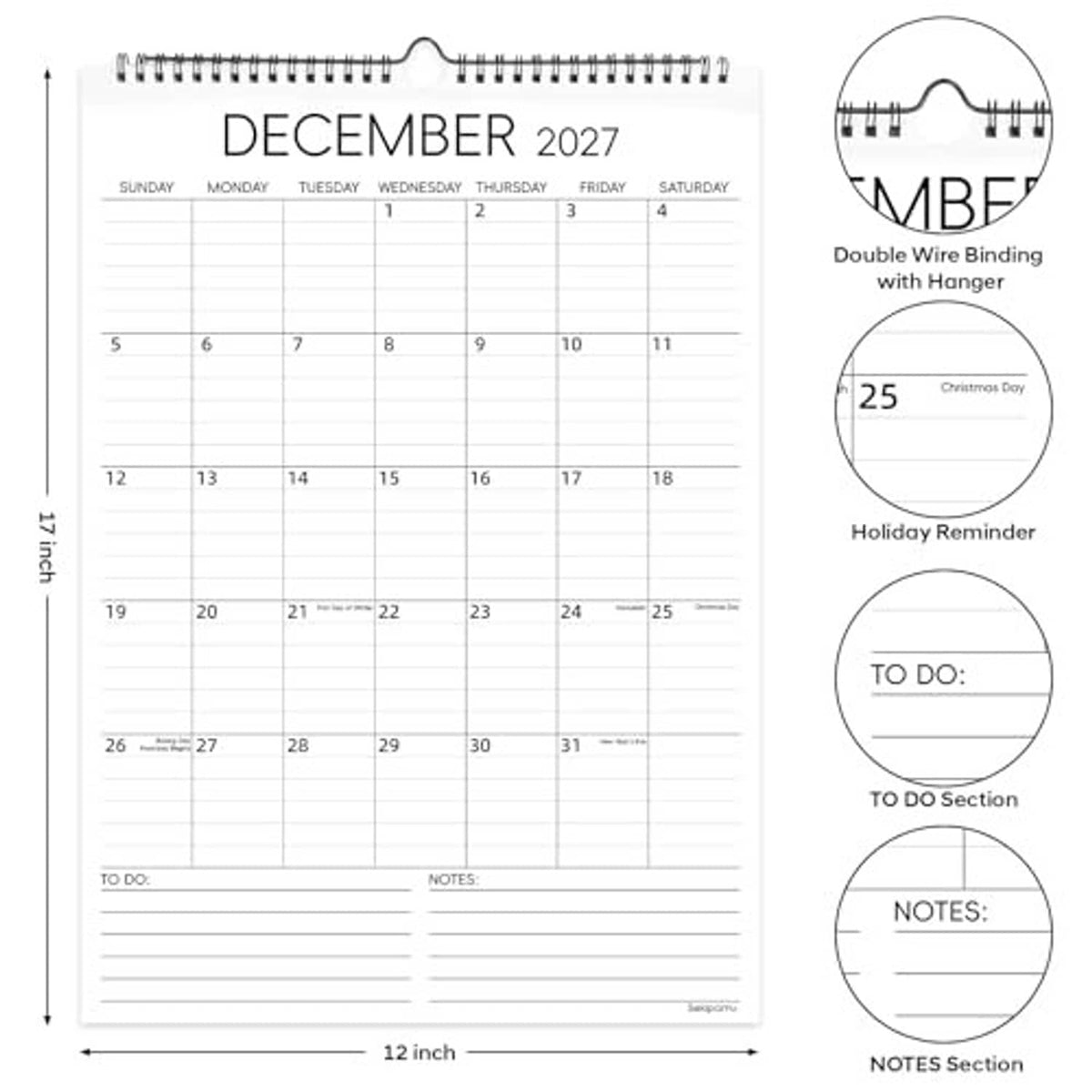 December 2027 wall calendar with double wire binding, holiday reminder and notes