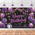 Happy Birthday banner with purple balloons, gift boxes, and gold glitter elements