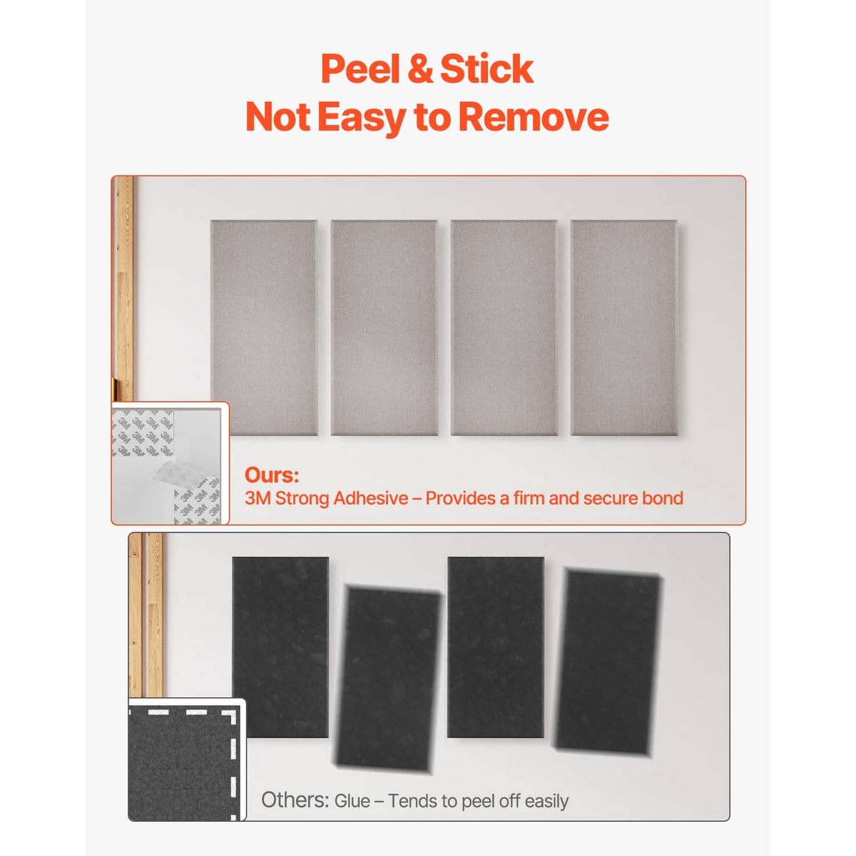 Camel self-adhesive acoustic wall panel with corner showing adhesive backing