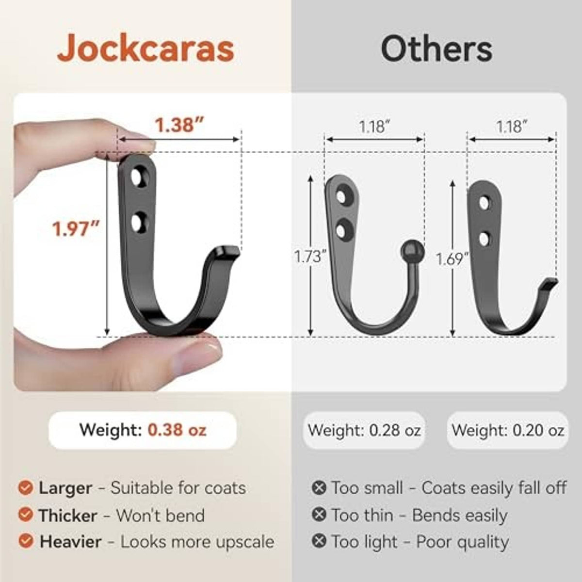 Black wall hook size comparison showing two curved hook designs