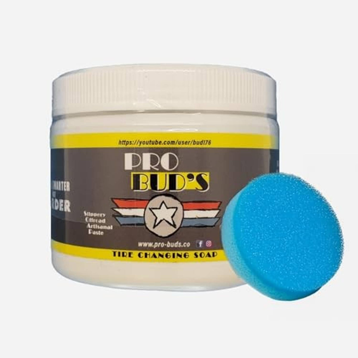 Tire changing soap jar with screw-top lid and blue applicator sponge, label visible
