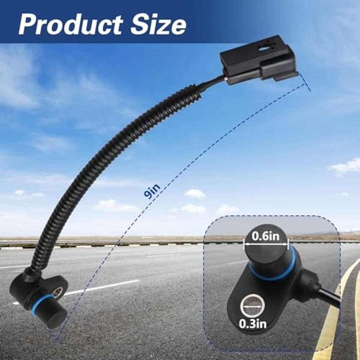 Crankshaft position sensor with black cable and blue-ring mount, ABS housing