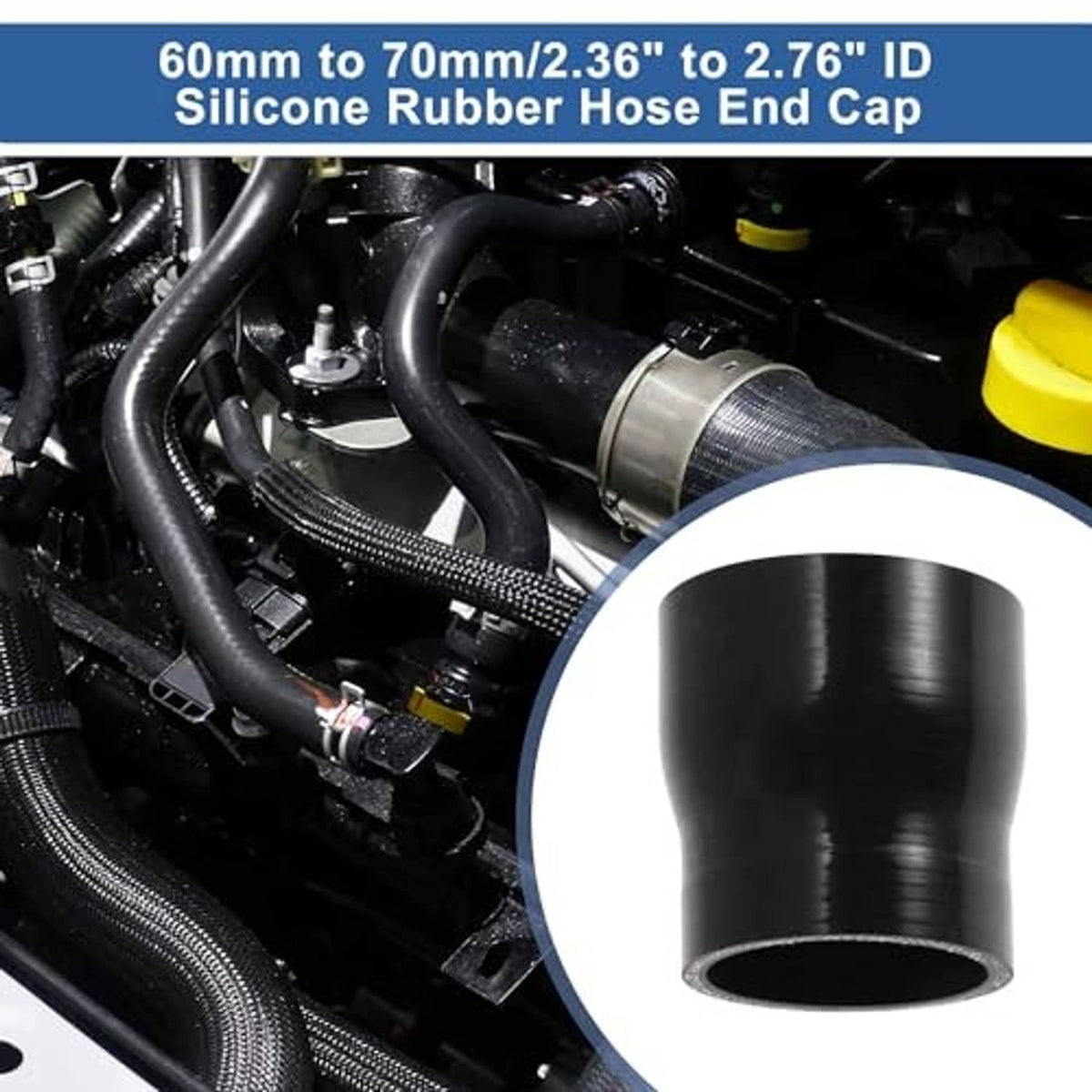 Black silicone hose reducer end cap, shown in an engine compartment close-up