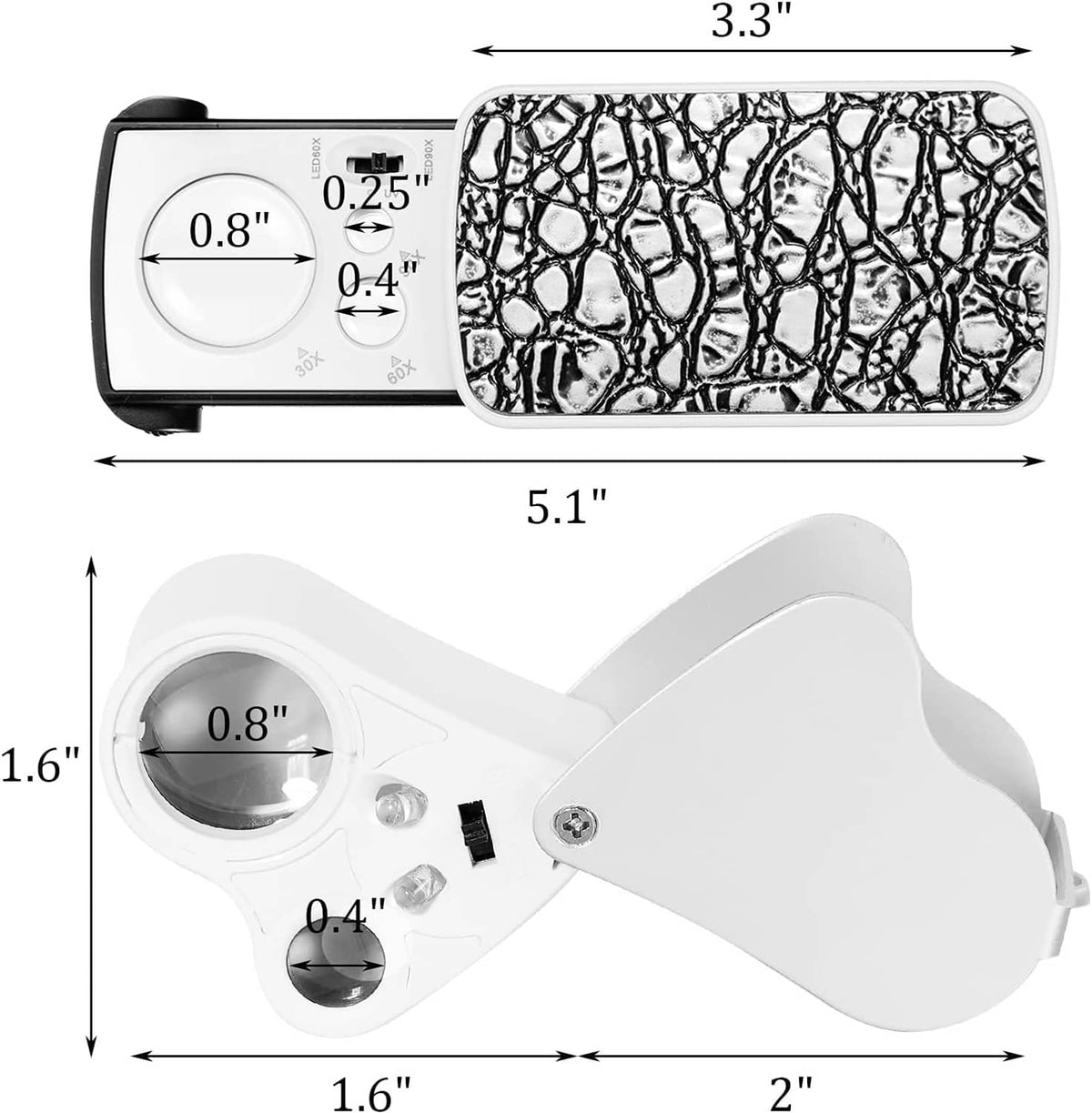 Illuminated jewelers loupe magnifier with size diagram, white body, slide-out design
