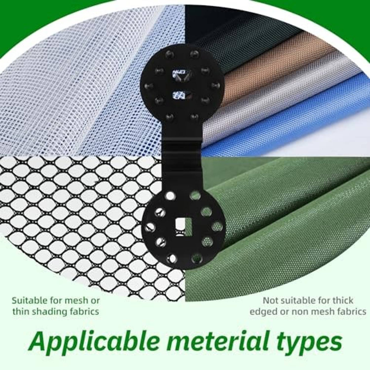 Black plastic shade cloth net clips attached to mesh and fabric panels