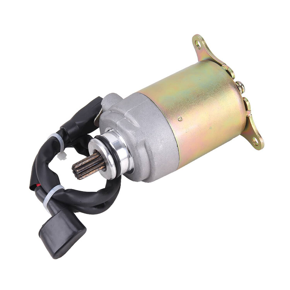 Starter motor with iridescent canister housing, silver casing, black cable lead