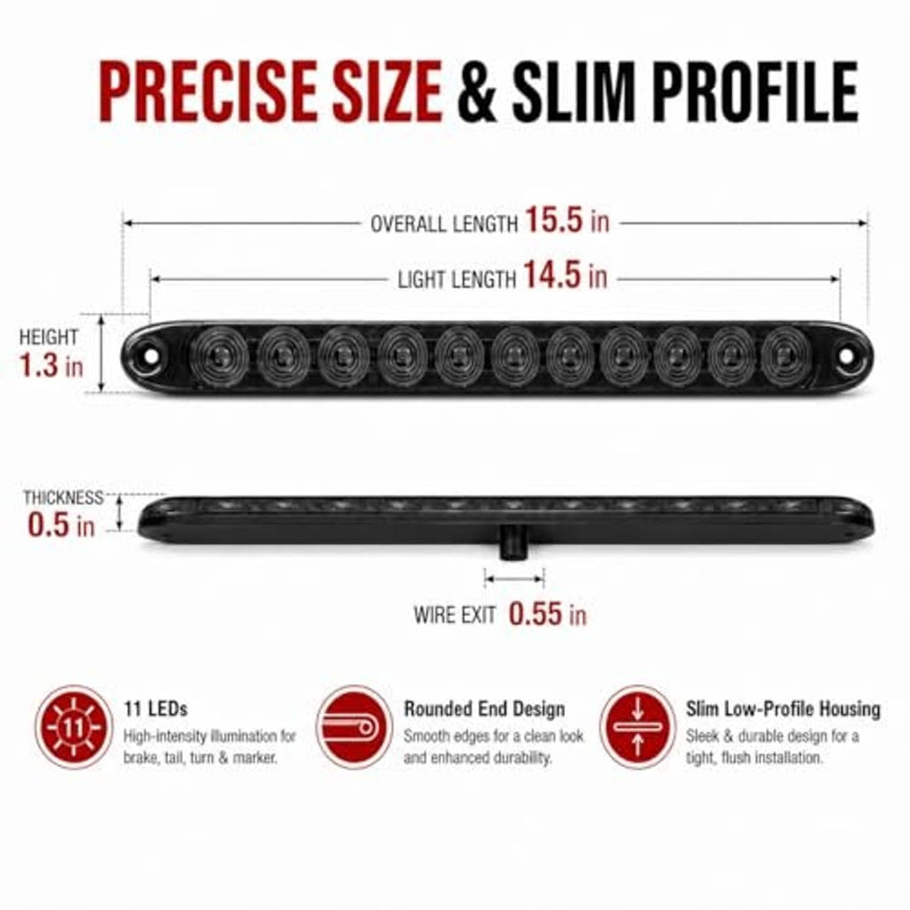 Slim black oval LED tail light bar with rounded end and exposed LED lens array