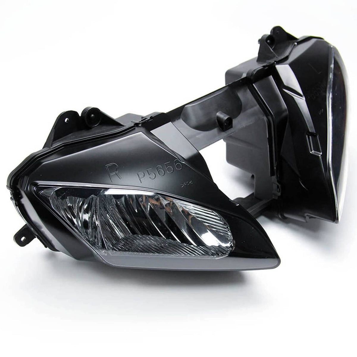 Front headlight assembly with clear lens, black housing, and internal reflector details.