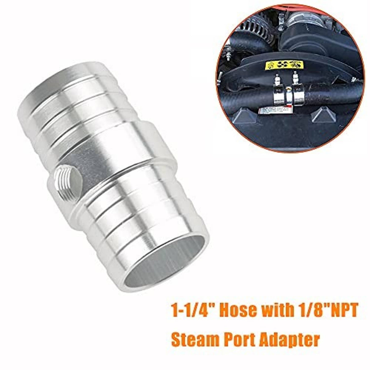 Aluminum 1-1/4 in hose adapter with threaded 1/8 in NPT steam port, ribbed ends