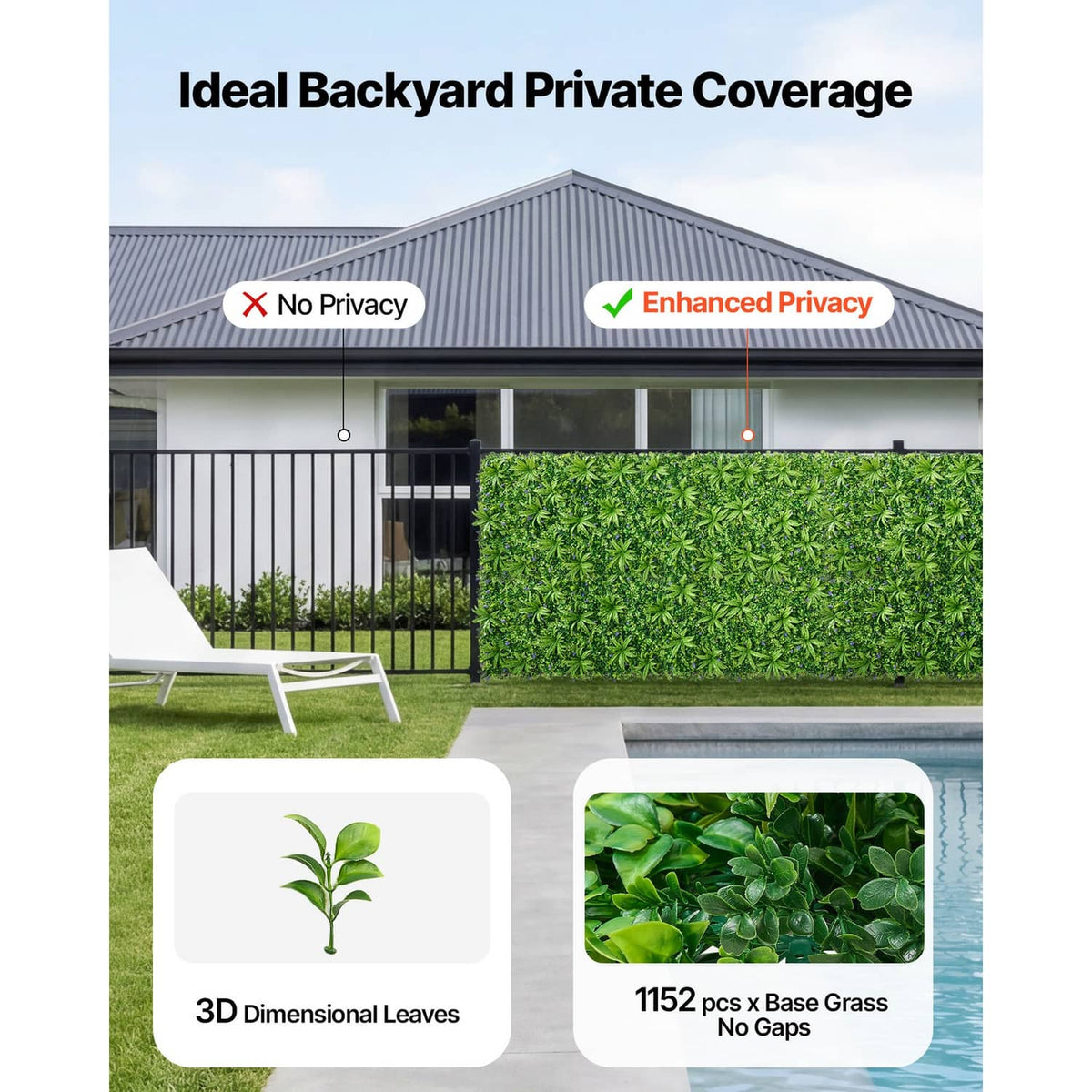 Artificial greenery wall panel covering section, dense green 3D leaf look.