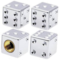 Silver dice-shaped tire valve stem cap set, chrome finish with gold threaded insert