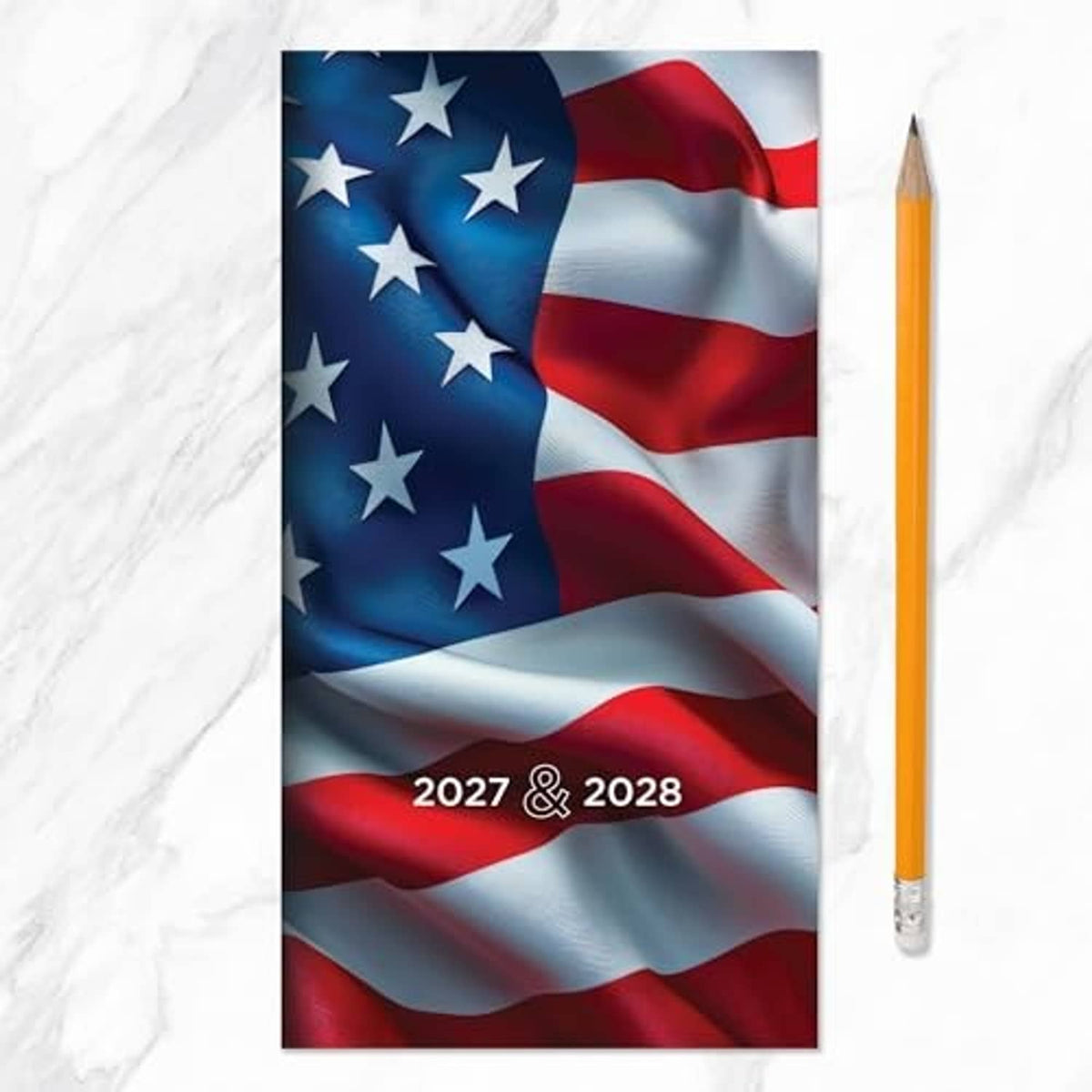 Small pocket planner with American flag cover and 2027 & 2028 text