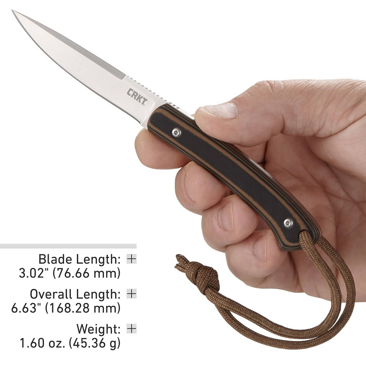 Fixed blade knife in hand with striped dark G10 handle and paracord lanyard