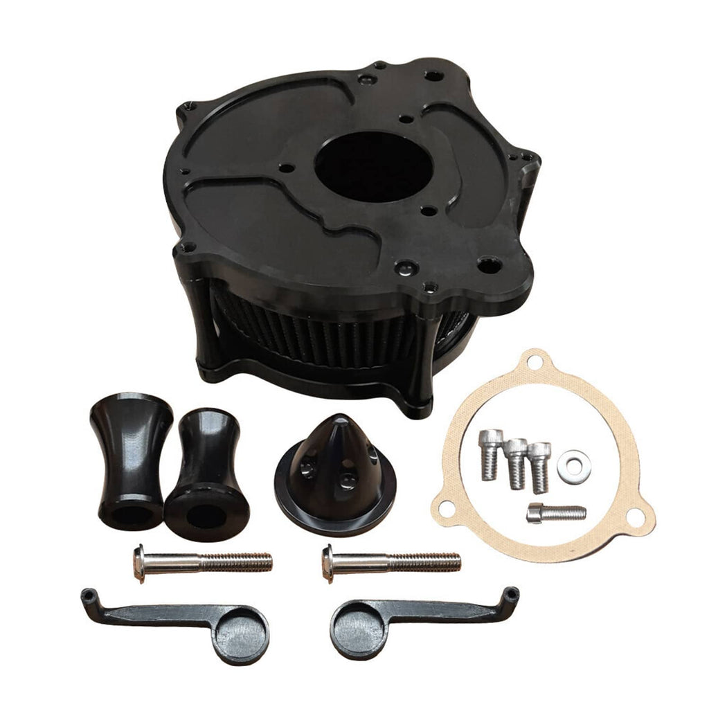 Black air cleaner intake filter assembly with gasket, screws, and curved mounting brackets