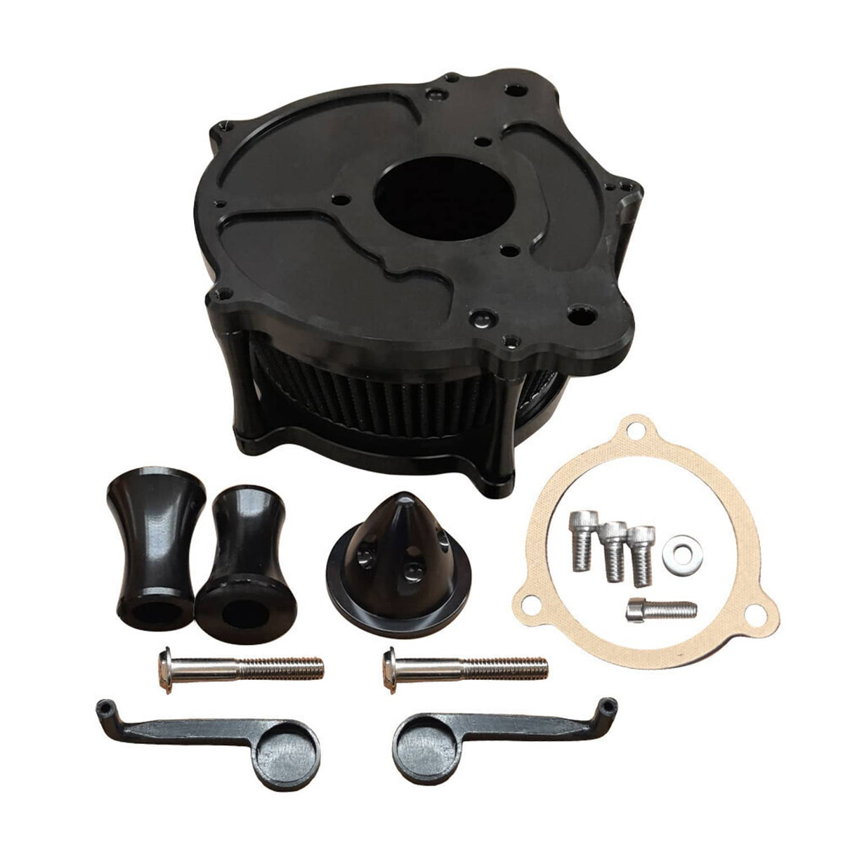 Black air cleaner intake filter assembly with gasket, screws, and curved mounting brackets
