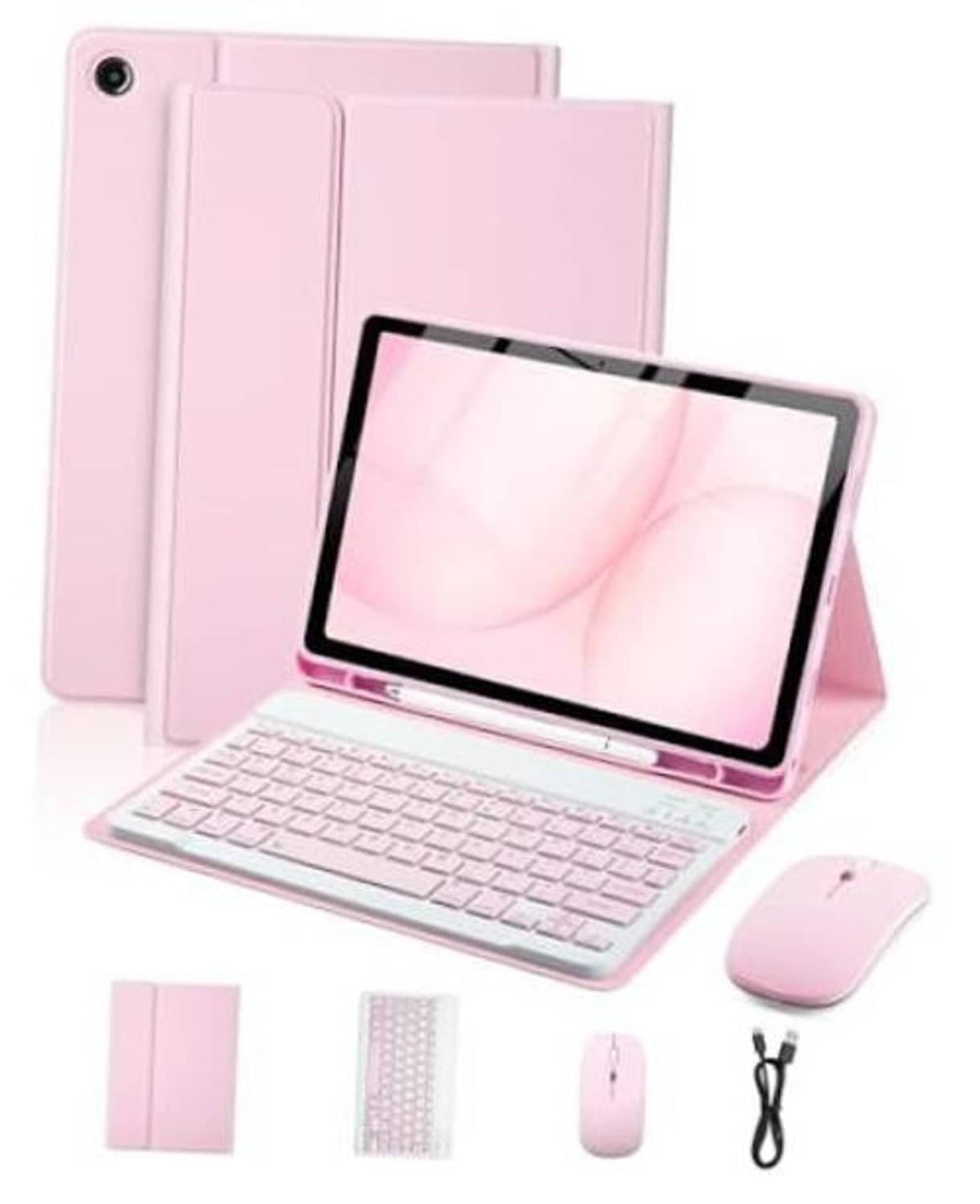 Pink tablet keyboard case with matching wireless mouse and foldable cover, accessories shown