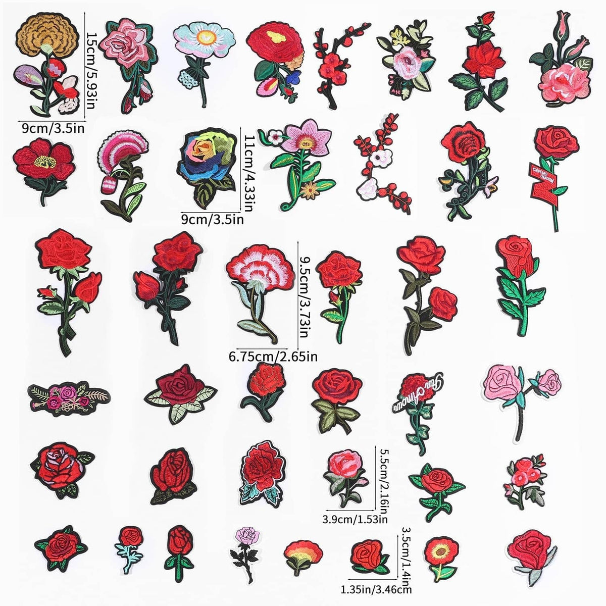 Assorted embroidered flower patches sheet with mixed red, pink, and multicolor blooms