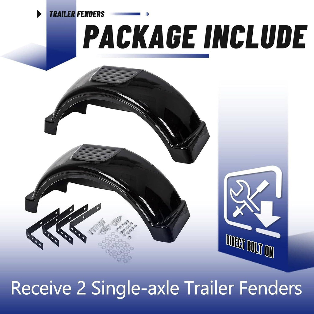 Pair of black trailer fenders with step tops and included mounting hardware