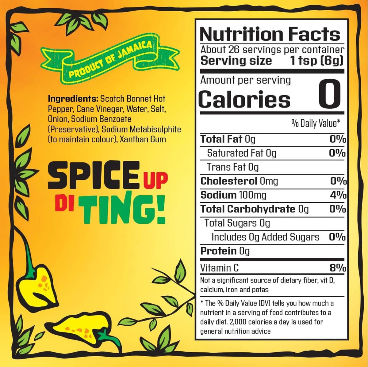 Spur Tree Jamaican scotch bonnet pepper sauce nutrition facts label on bottle