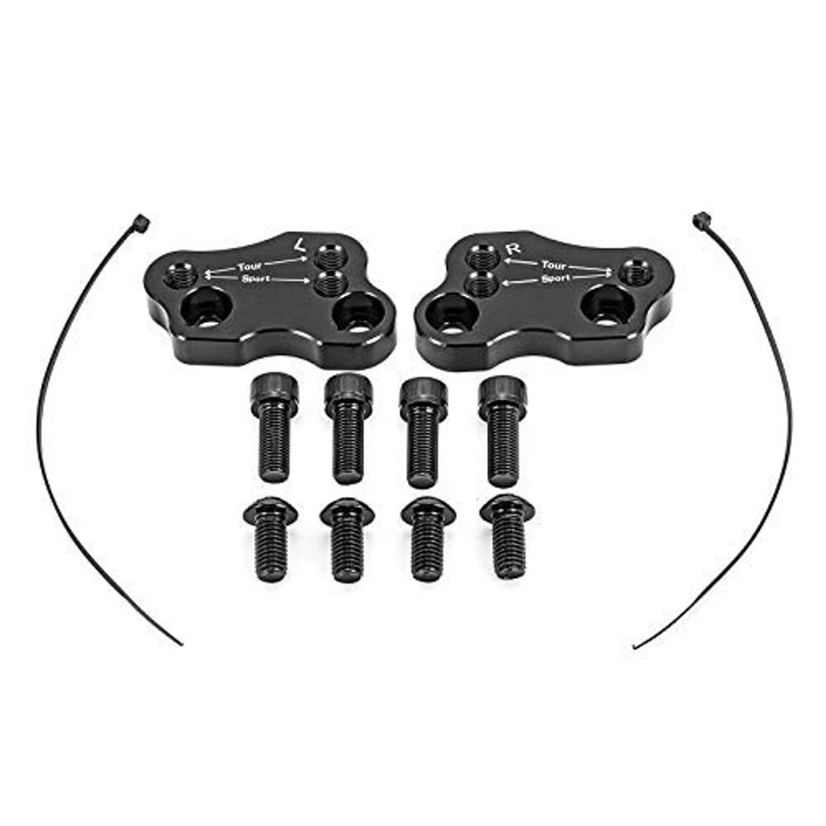 Handlebar riser adapter kit with two clamps, bolts, and curved cable pieces