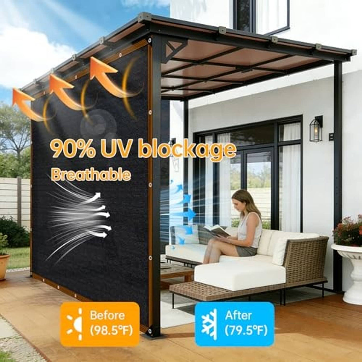 Black mesh sun shade cover on a pergola, with grommets along the perimeter.