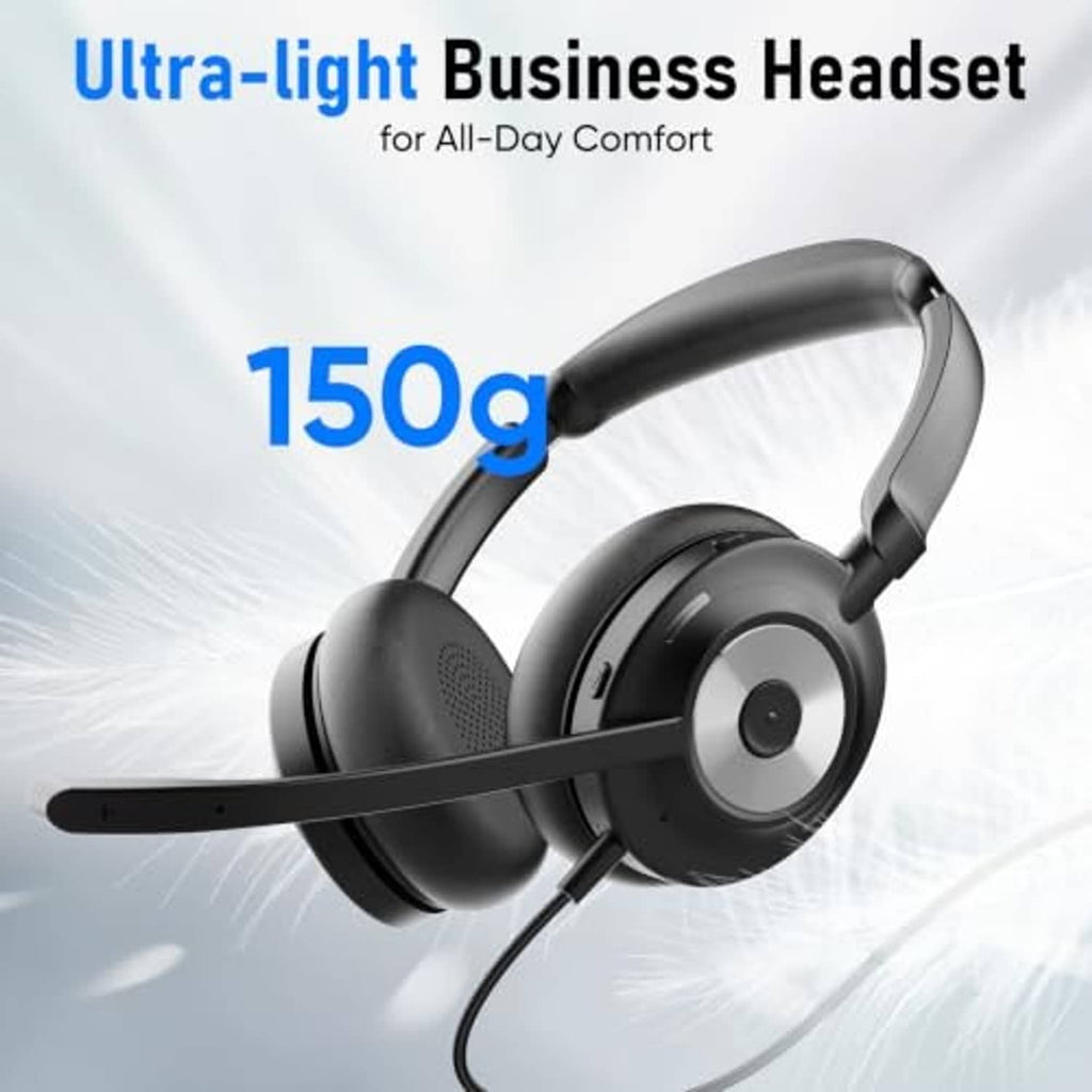 Black over-ear USB headset with boom microphone, sleek lightweight design