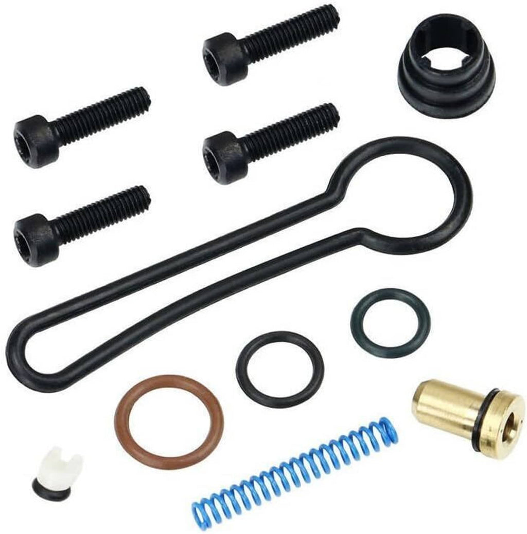 Fuel pressure regulator hardware set with black bolts, hoses, spring, and O-ring seals