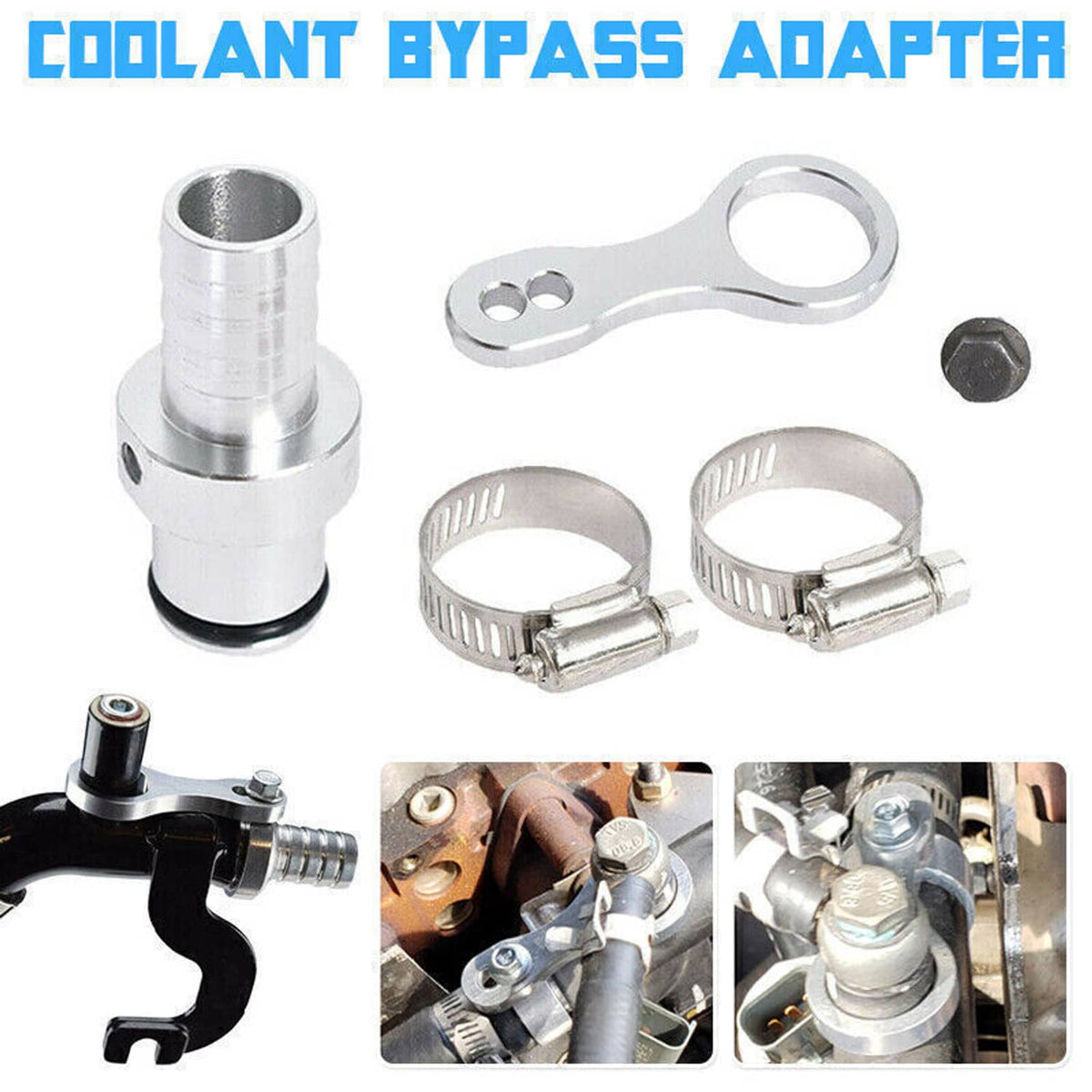 Hose barb adapter set with silver coupler, two hose clamps, bracket plate, and bolt