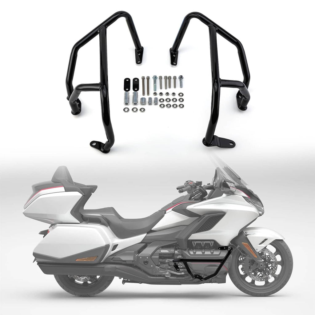Black engine crash bars set with mounting brackets and included fasteners.