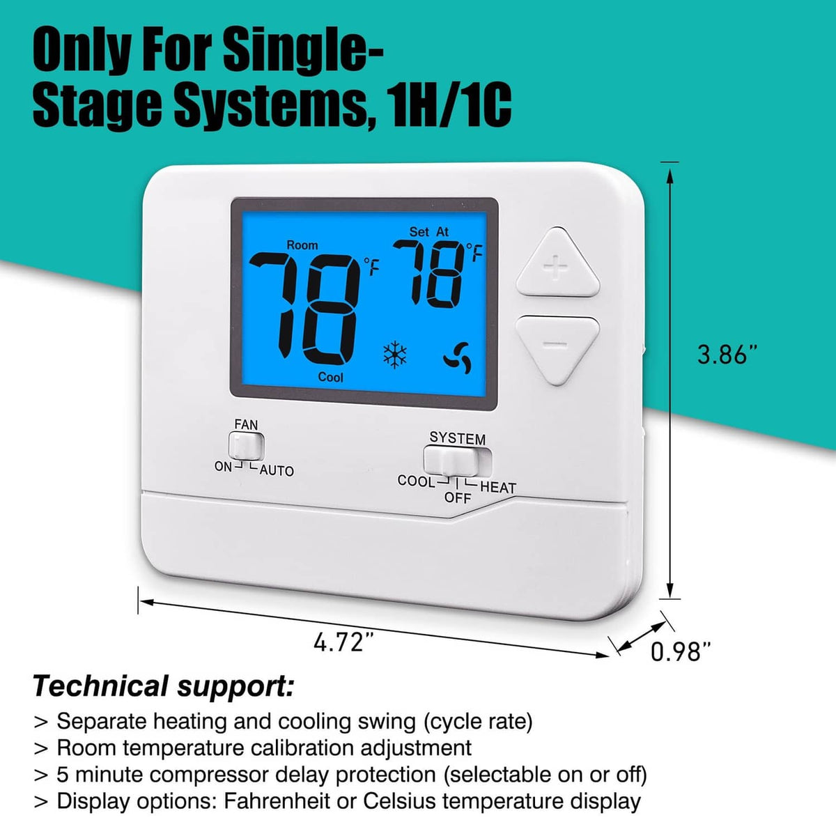 White single-stage non-programmable thermostat with blue backlit temperature display