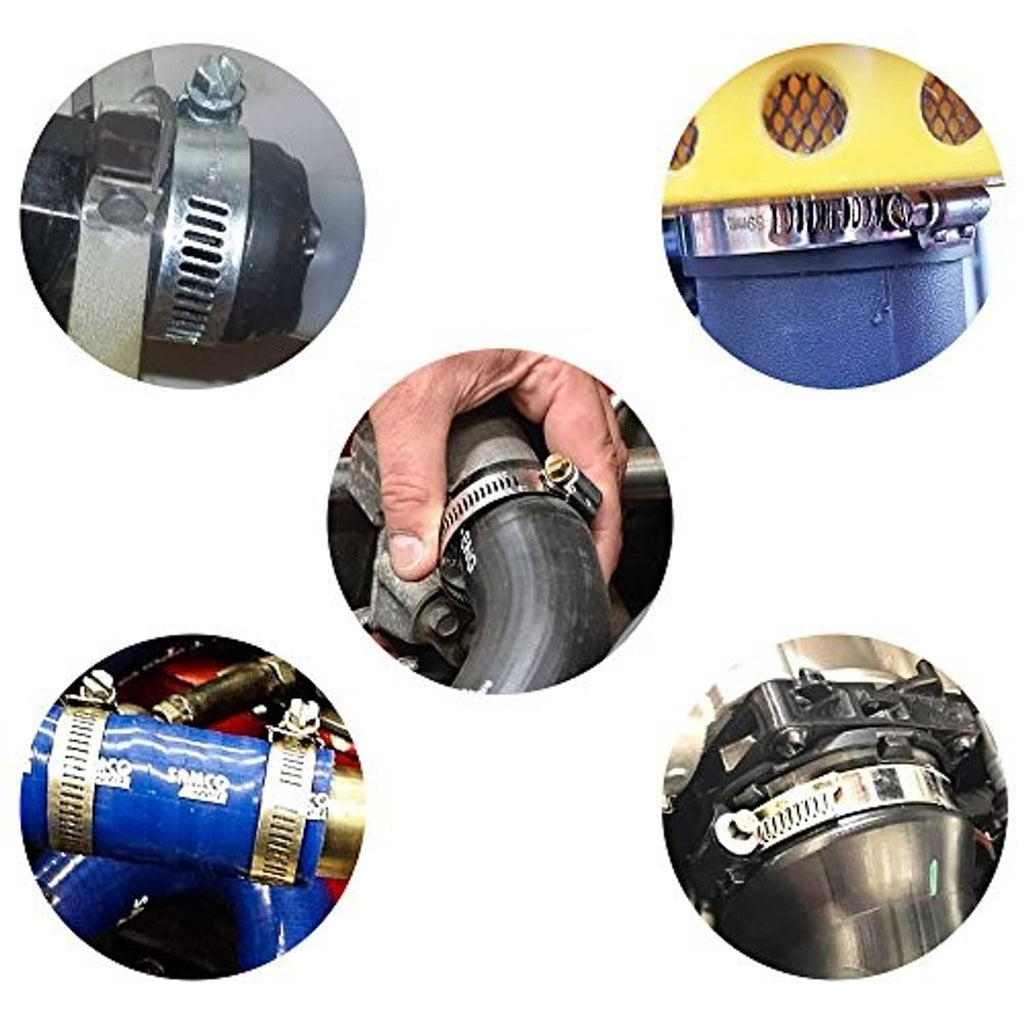 Stainless steel hose clamps securing hoses, worm-gear band with tightening screw