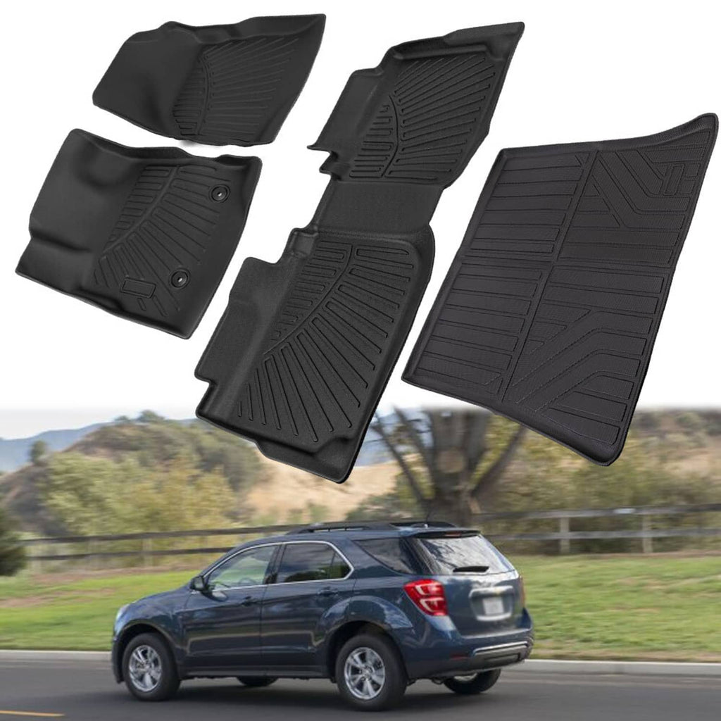 Black rubber floor mats set, contoured for vehicle footwells with raised ridges
