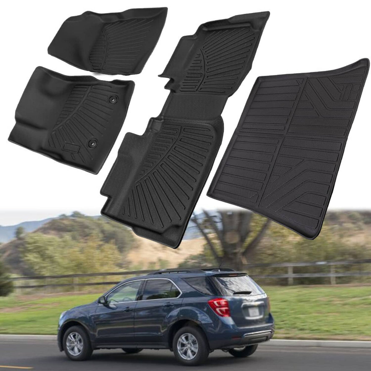 Black rubber floor mats set, contoured for vehicle footwells with raised ridges