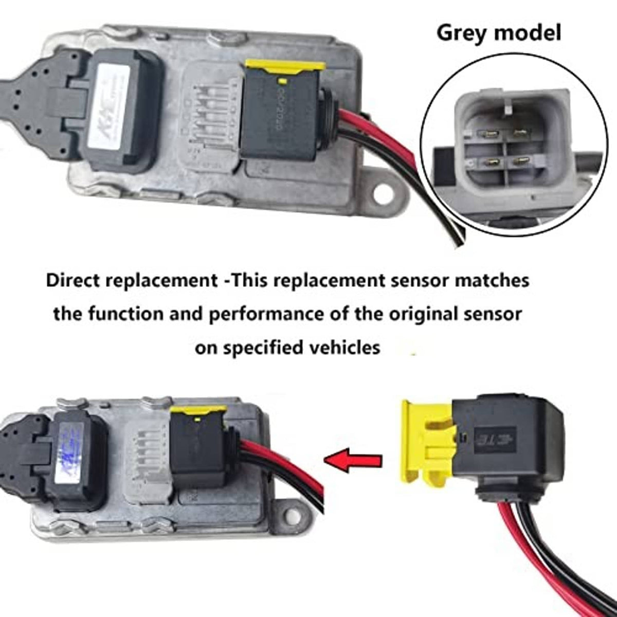 Grey electronic sensor module with 4-pin plug and red/black wiring pigtail
