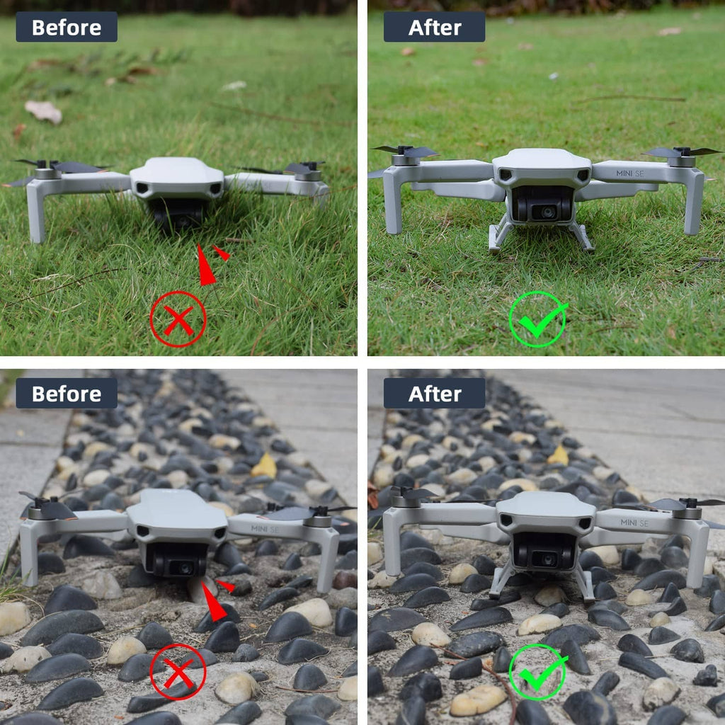 Drone propeller guards showing protection while landing on gravel