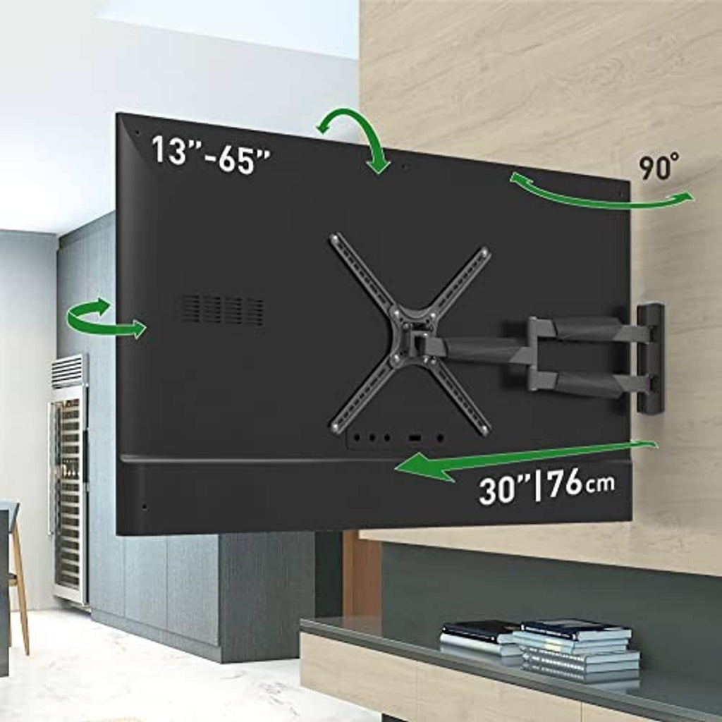 Black TV wall mount showing swivel and tilt range with extension arms