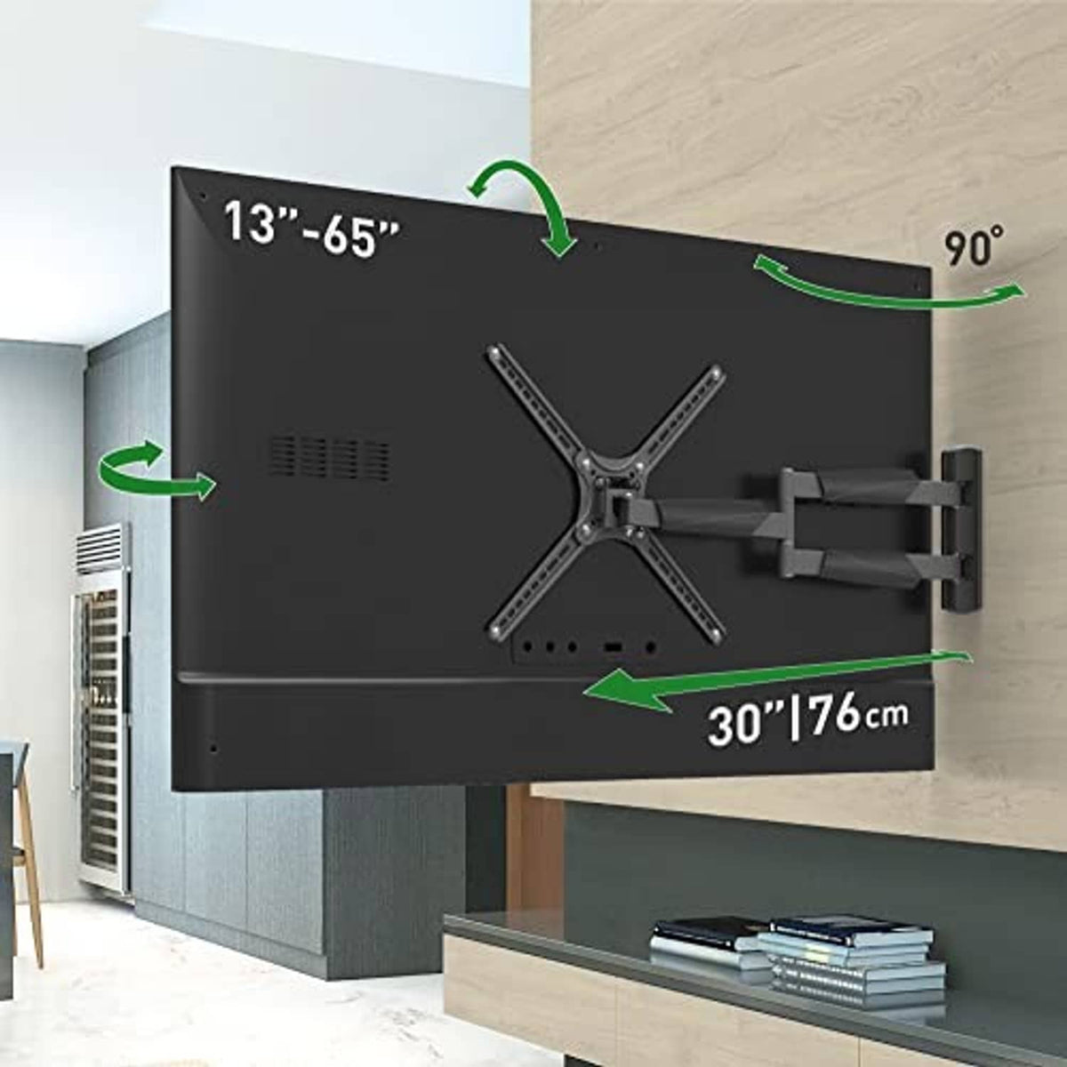 Black TV wall mount showing swivel and tilt range with extension arms