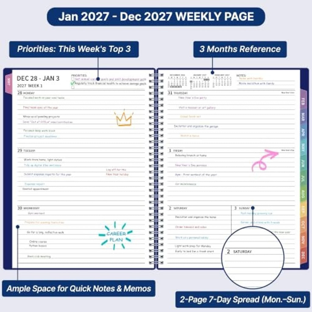 2027 weekly and monthly planner open to a weekly page with notes and priorities sections.