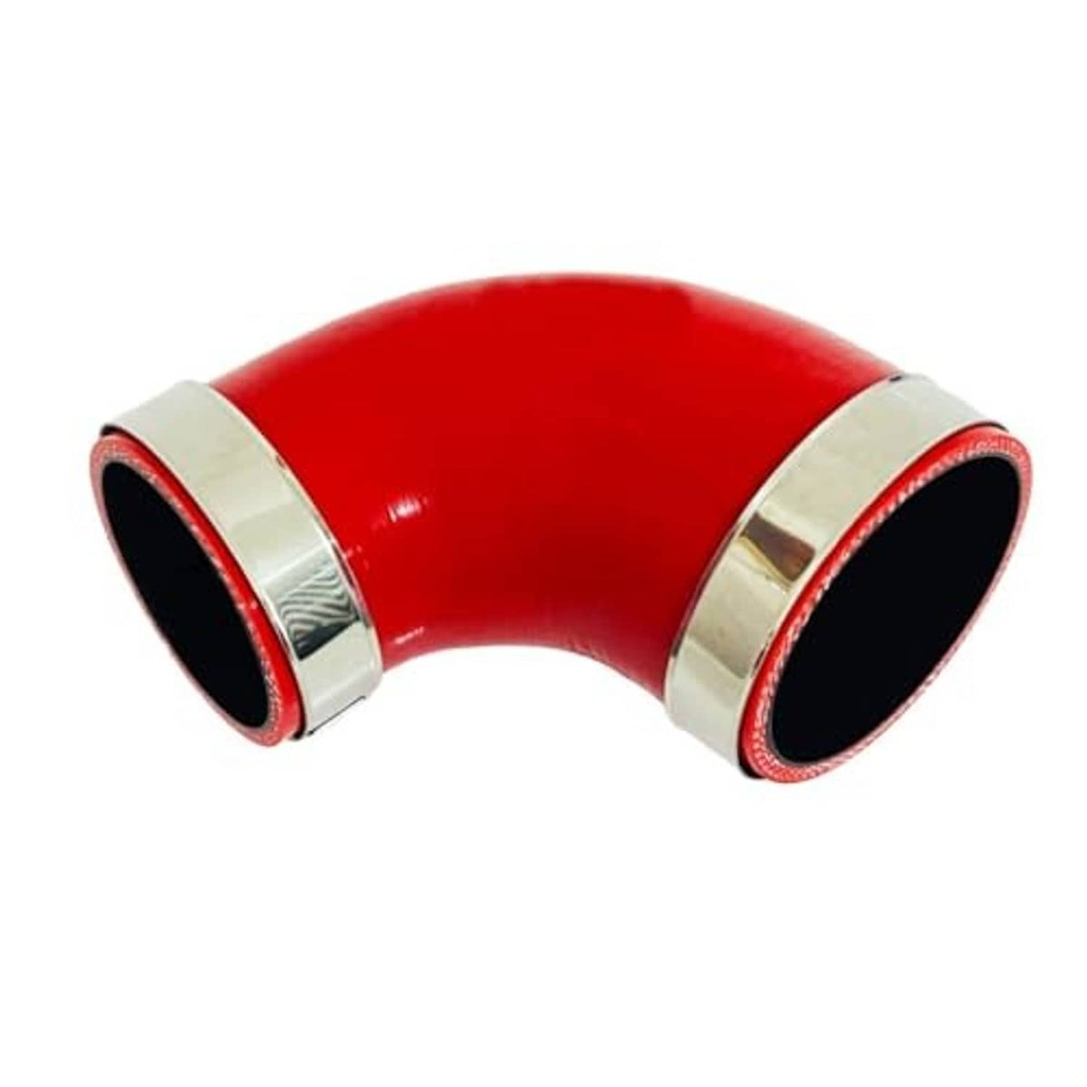 Red 90-degree silicone hose reducer with two stainless steel clamp bands installed