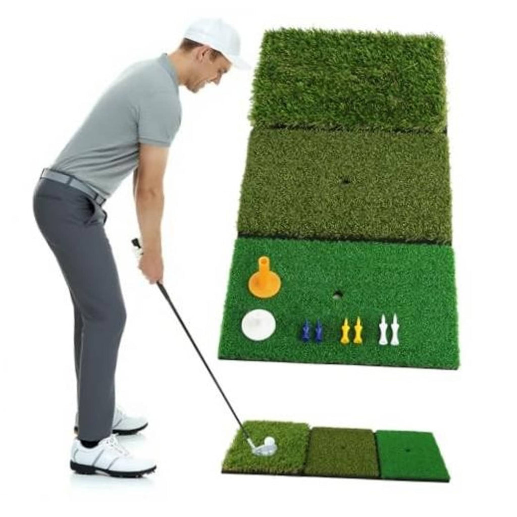 Portable golf hitting mat with three artificial turf panels, tee and white practice ball.