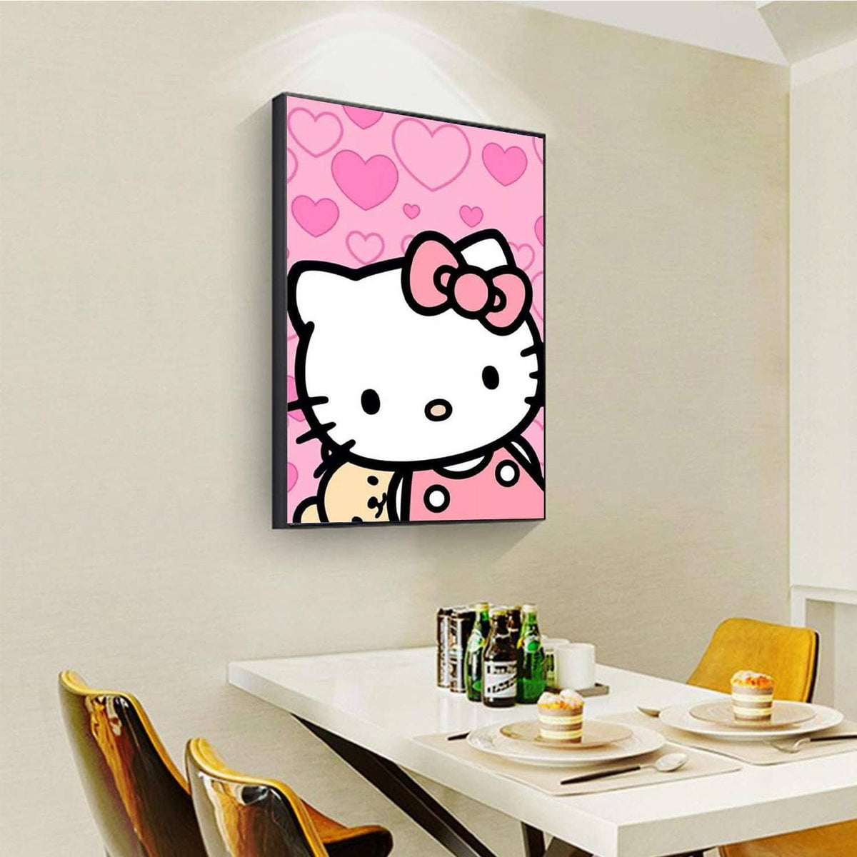 Framed Hello Kitty diamond painting artwork with pink heart background