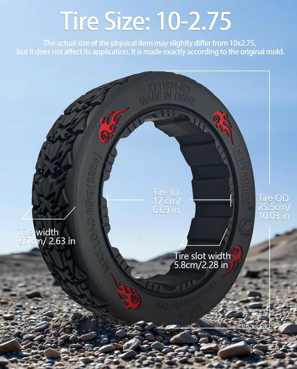 Black off-road go-kart tire with rugged tread, red sidewall accents, and multi-hole rim.