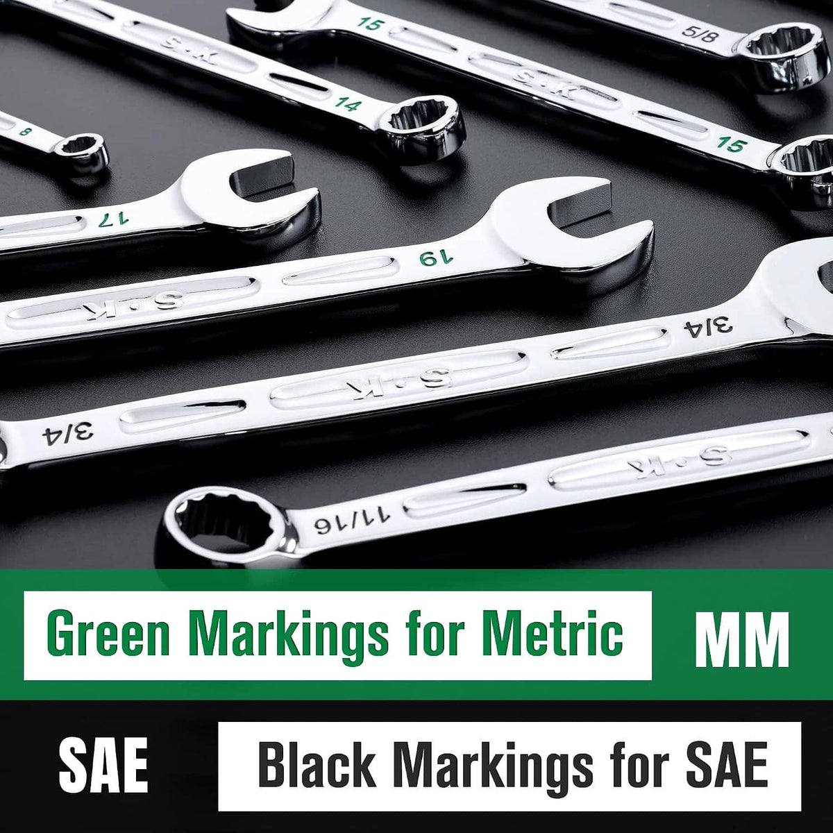 Close-up of chrome combination wrenches with metric green and black size markings