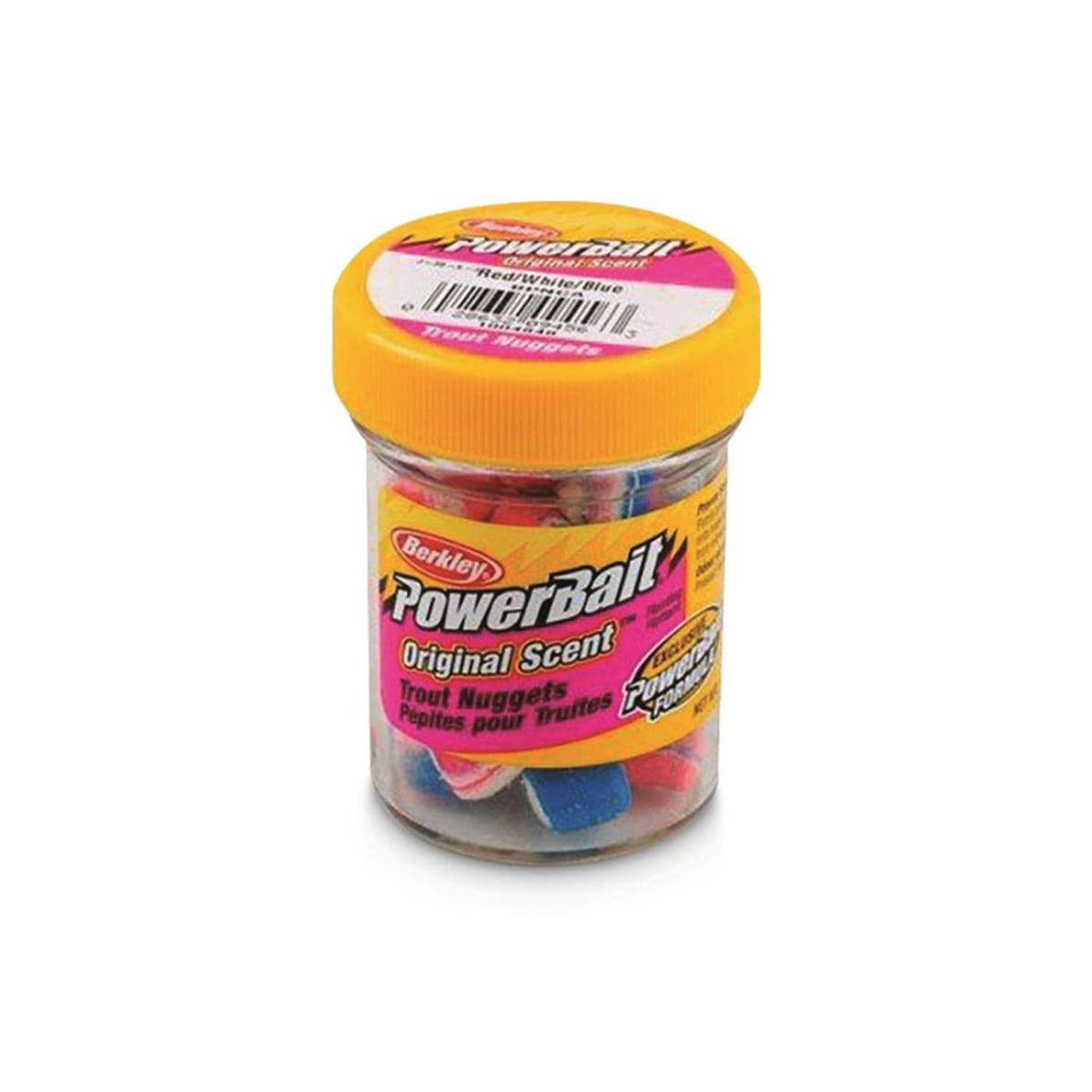 Fishing bait jar with orange lid and multicolor blue–orange trout nuggets