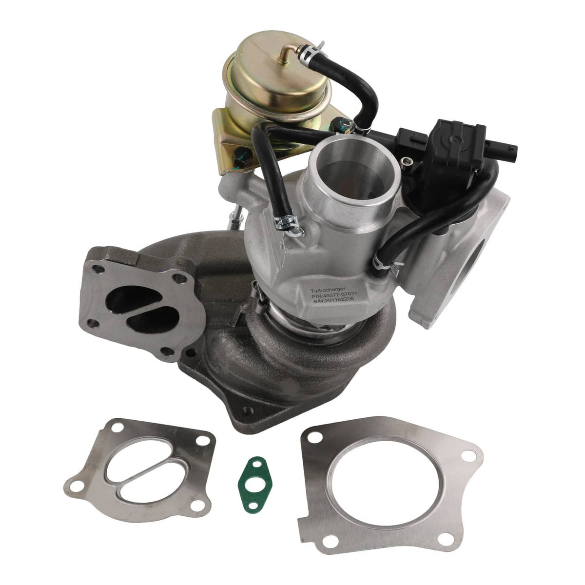 Turbocharger assembly with metal compressor housing, actuator, and mounting gaskets