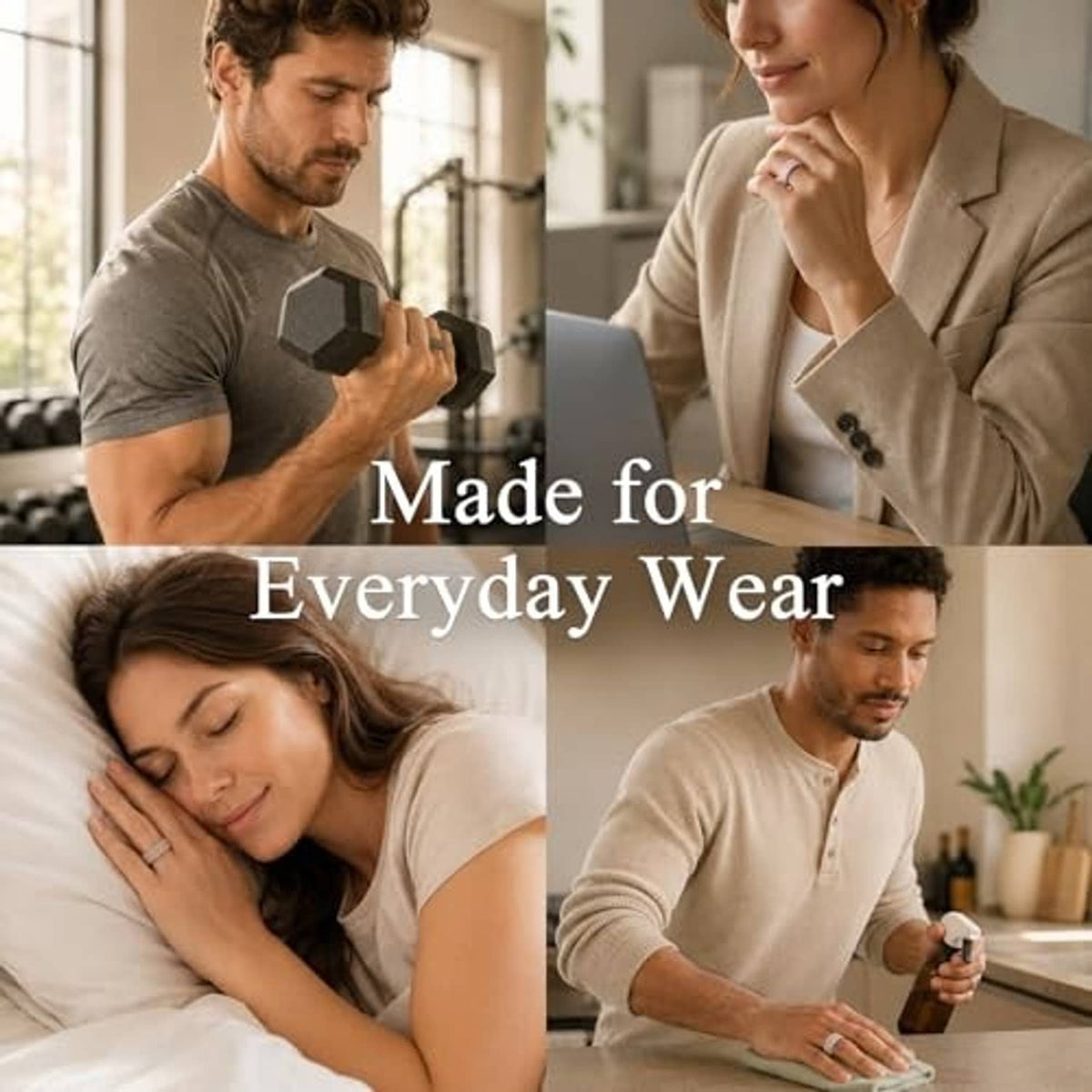 Ring cover accessory for everyday wear, shown on people in a lifestyle collage