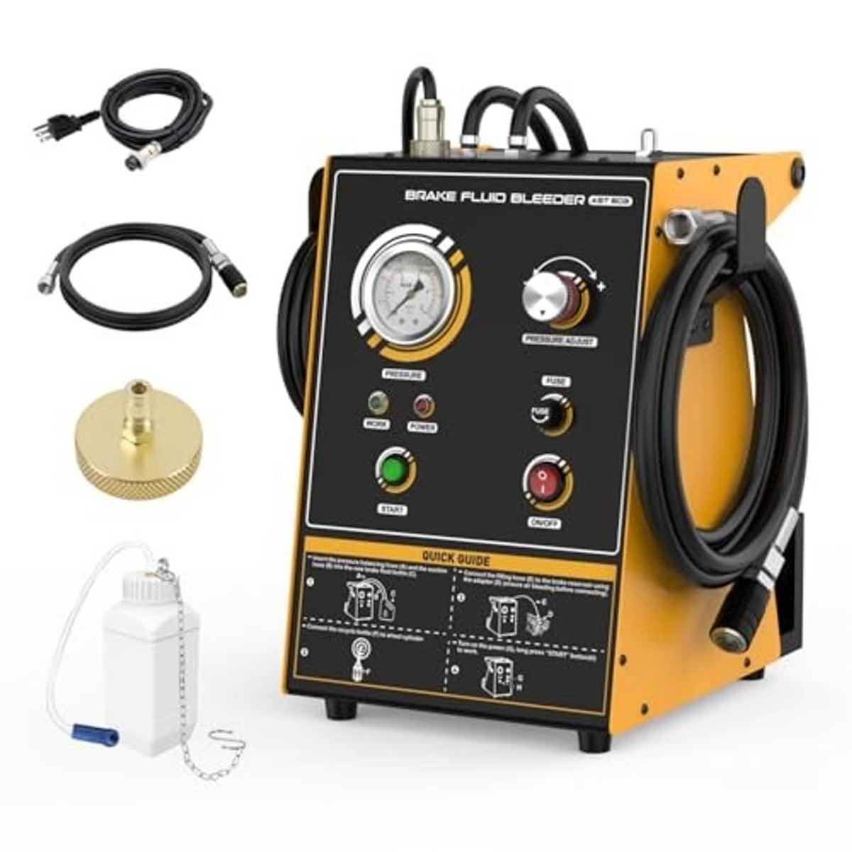 Automatic brake fluid bleeder machine with control panel, black hoses, and brass reservoir cap, yellow