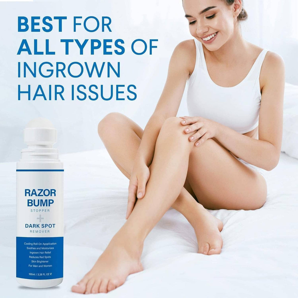 Dark spot remover bottle with woman posing with arms and legs