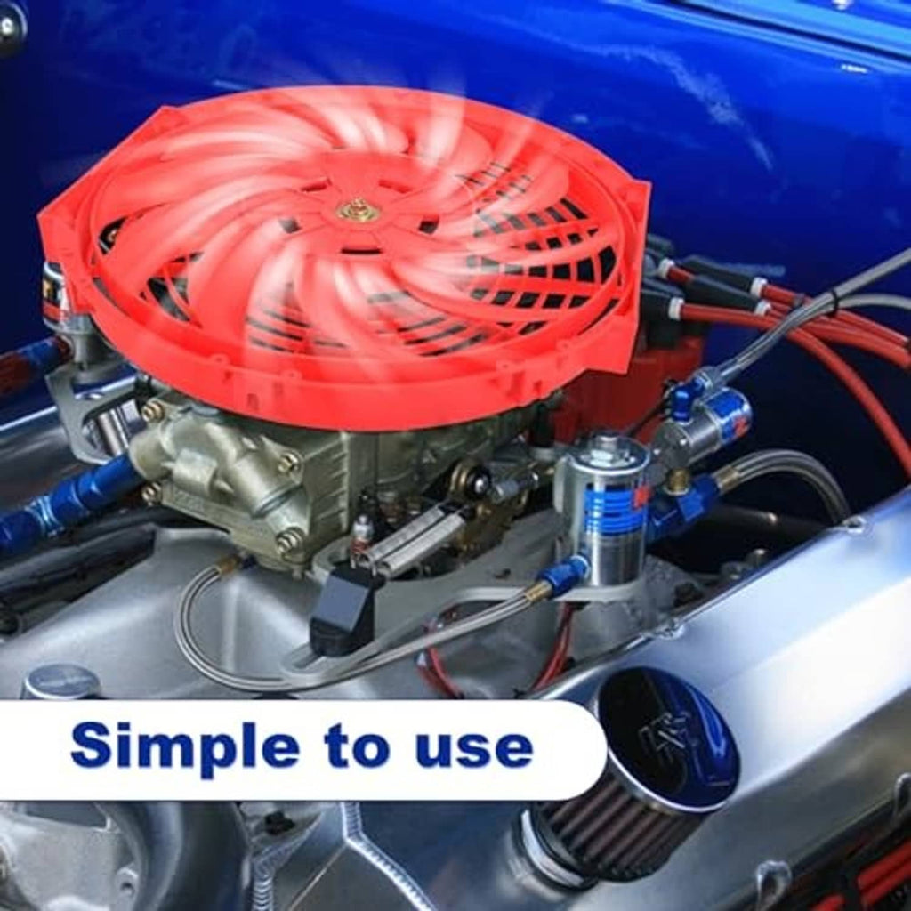 Red 12 inch radiator cooling fan mounted in engine bay with connected wiring